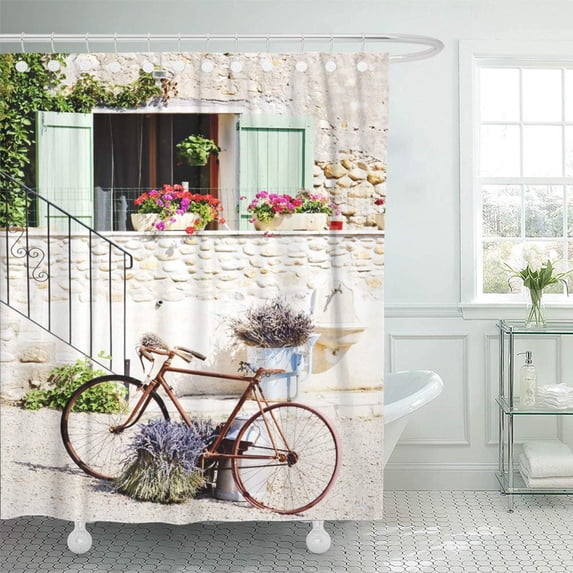 PKNMT Lavender Bicycle Provence France Village Flower Bike House Europe Rural Alpes Shower Curtain Bath Curtain 66x72 inch