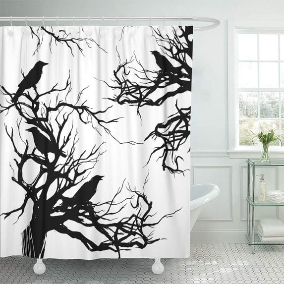 PKNMT Monochrome Watercolor Ink with Branches Twigs and Black Ravens Crows on The Old Dead Waterproof Bathroom Shower Curtains Set 66x72 inch