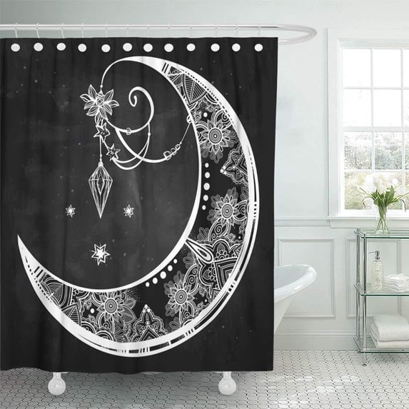PKNMT Moon Patterns Petals Cut Geometry Stars Eye Clouds Waterproof Bathroom Shower Curtains Set 66x72 inch