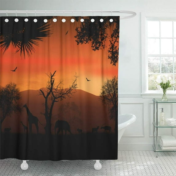PKNMT Orange Safari Wild African Animals Silhouettes in Beautiful Sunset Yellow Africa Waterproof Bathroom Shower Curtains Set 66x72 inch