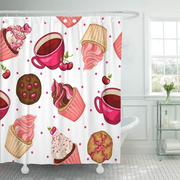 PKNMT Pink Cute Cherry Cupcakes Coffee Cookies Red Bakery Hot Chocolate Delicious Bathroom Shower Curtain 66x72 inch