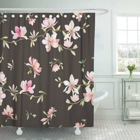 PKNMT Pink Flower Watercolor Floral Pattern on Black Red Romantic Japanese Japan Oriental Shower Curtain Bath Curtain 66x72 inch