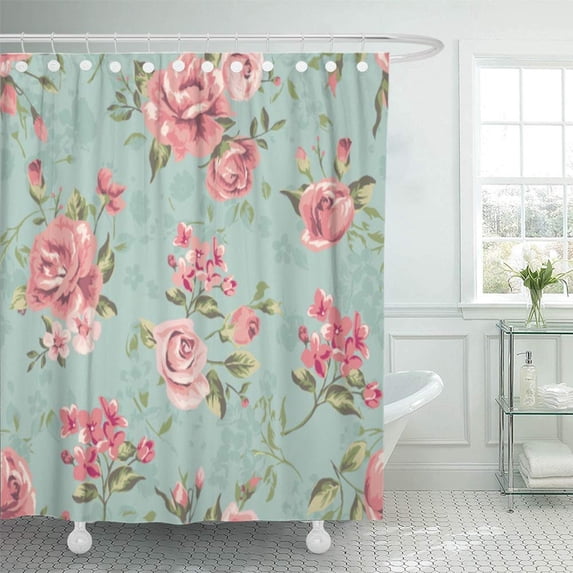 PKNMT Pink Rose Cute Vintage Tiny Flower with Leaf Pattern Blue Floral Pretty Abstract Shower Curtain Bath Curtain 66x72 inch