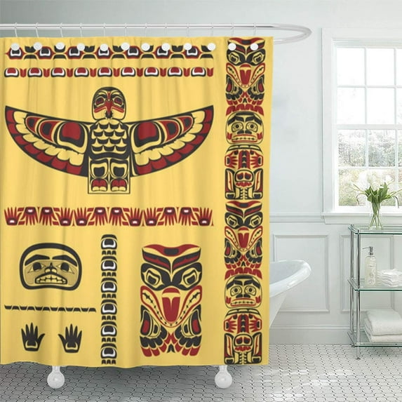 PKNMT Red Totem Canadian Native in Yellow Canada Inuit Northwest Pacific Haida Shower Curtain Bath Curtain 66x72 inch