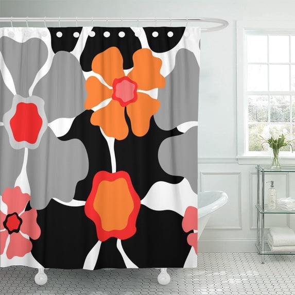 PKNMT Retro Floral Pattern 1960S Collection Abstract Grey Red Pink Shower Curtain 60x72 inches