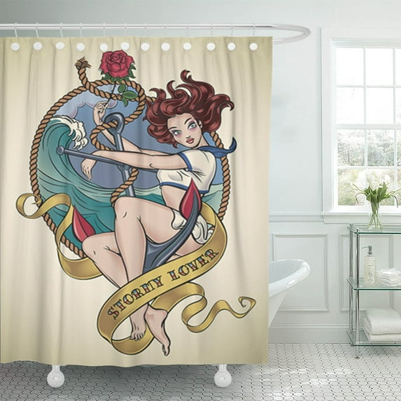 PKNMT Romantic Old School Tattoo of Sailor Girl Sitting Polyester Shower Curtain 60x72 inches