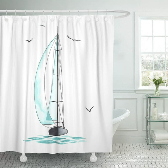 PKNMT Sailboat in The Sea and Seagulls Around Made Watercolor Shower Curtain 60x72 inches