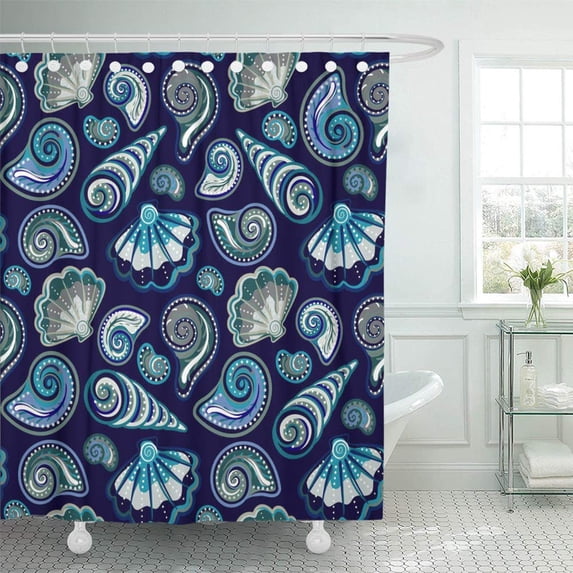 PKNMT Seahorse Sea Original in Vintage Style Beach Seashell Pattern with Doodle Aquatic Waterproof Bathroom Shower Curtains Set 66x72 inch