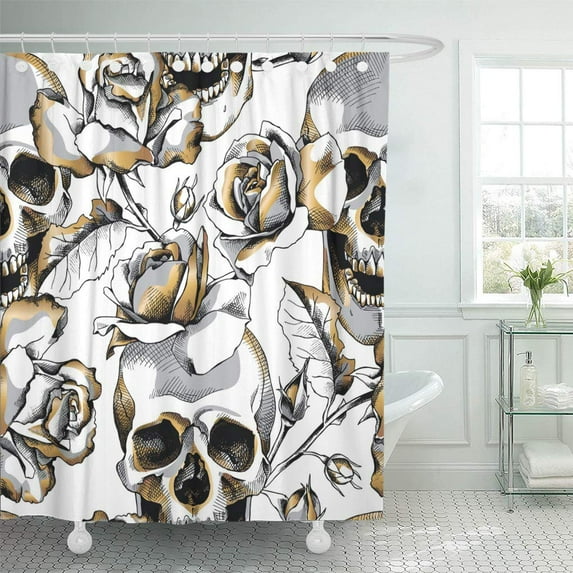 PKNMT Silver Black with Gold Skull and Rose Flowers on White Death Floral Halloween Waterproof Bathroom Shower Curtains Set 66x72 inch