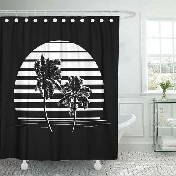 PKNMT Summer Holiday Tropic Sunset Palm Trees Silhouettes on Black and White Stripes Waterproof Bathroom Shower Curtains Set 66x72 inch