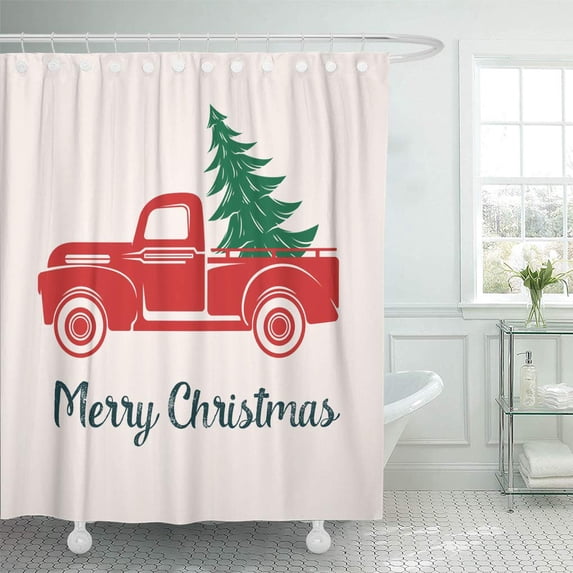 PKNMT Truck Red Car with Christmas Tree Vintage Old Holiday Delivery Classic Auto Waterproof Bathroom Shower Curtains Set 66x72 inch