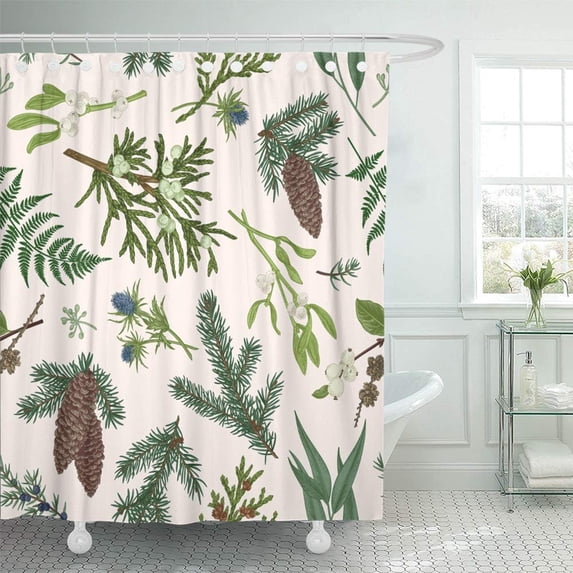 PKNMT Vintage Christmas Botanical with Winter Plants Spruce Juniper Fern Snow Leopard Waterproof Bathroom Shower Curtains Set 66x72 inch