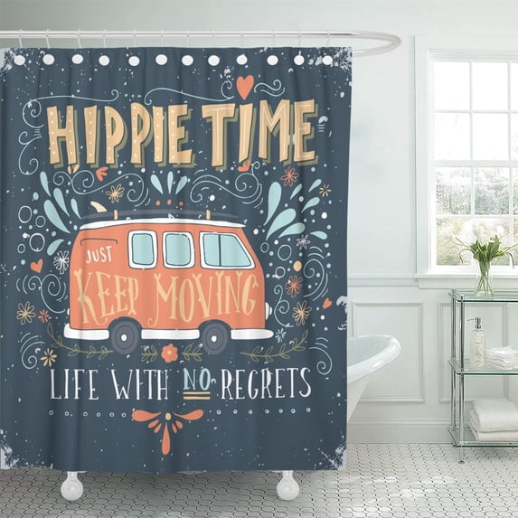 PKNMT Vintage Hippie Time Mini Van and Lettering Life No Shower Curtain 60x72 inches