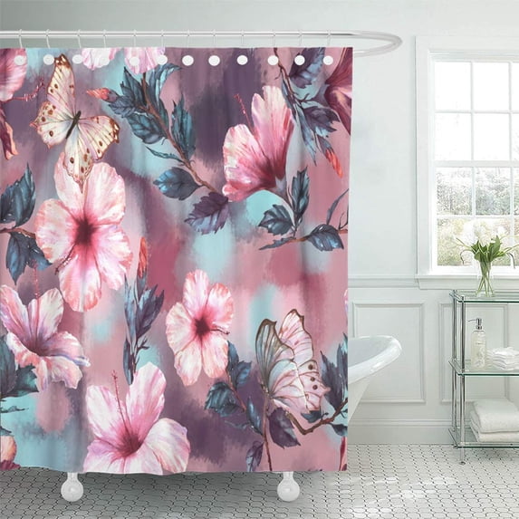 PKNMT Watercolor Floral with The Tender White and Pink Hibiscus Flowers and Butterflies Shower Curtain Bath Curtain 66x72 inch