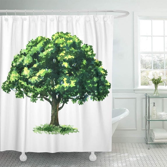 PKNMT Watercolor Paint Green Tree Oak White Big Color Drawing Drawn Environment Hand Bark Waterproof Bathroom Shower Curtains Set 66x72 inch