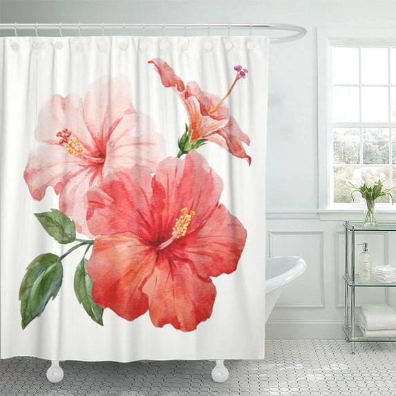 PKNMT Watercolor Tropical Flower Red Delicate Pink Hibiscus Leaves Bud Bathroom Shower Curtain 66x72 inch