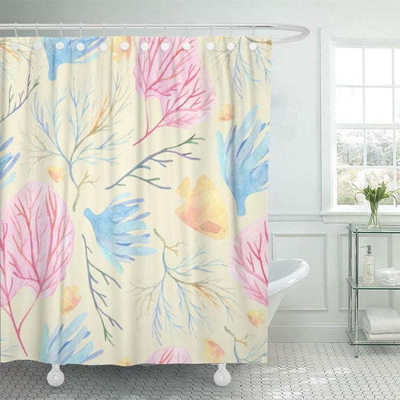 PKNMT Watercolor Underwater with Blue Actiniaria Red Coral Black Ceramium and Yellow Waterproof Bathroom Shower Curtains Set 66x72 inch