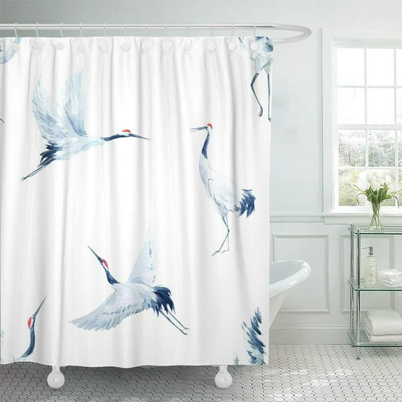 PKNMT White Bird Watercolor Pattern Crane Egret Japanese Heron Oriental Painting Fly Stork Shower Curtain Bath Curtain 66x72 inch