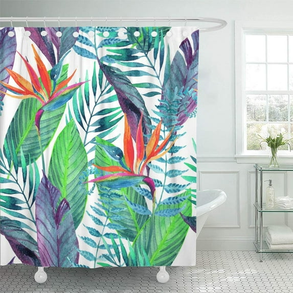 PKNMT White Watercolor Tropical Leaves and Flowers Hand for Floral Design Colorful Waterproof Bathroom Shower Curtains Set 66x72 inch