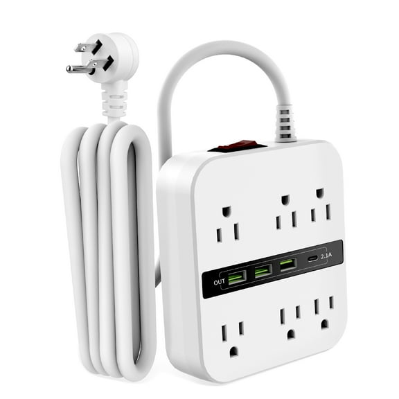 PKPOWER Surge Protector Power Strip - 6 Widely Outlets and 4 USB Ports(1 USB C), Outlet Extender with 6.6ft White Flat Extension Cord for Travel, Cruise Ship and Dorm Room Essentials