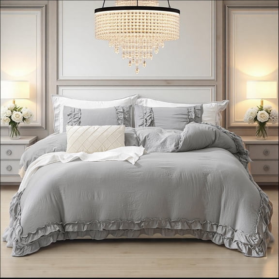 Light Gray Ruffle Duvet Cover Set Twin Size 2 Pcs Shabby Chic Bedding Set Ruffled Farmhouse Solid Color  Comforter Cover Boho Duvet Cover Set