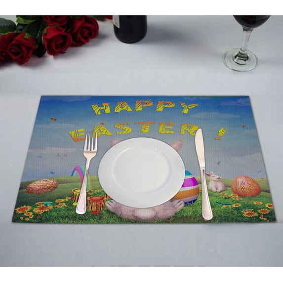 PKQWTM A Cute Bunny Hill Easter Eggs Kitchen Dining Table Mats Placemats Size 12x18 Inches, Set of 2 Pieces