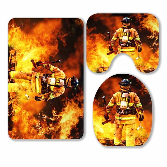 PKQWTM A Firefighter Searches For Possible Survivors 3 Piece Bathroom Rugs Set Bath Rug Contour Mat and Toilet Lid Cover