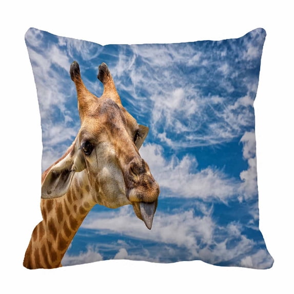 PKQWTM A Giraffe Show Tongue Blue Sky Bed Decor Pillow Cases Zippered Cushion Cover Size 18x18 Inches