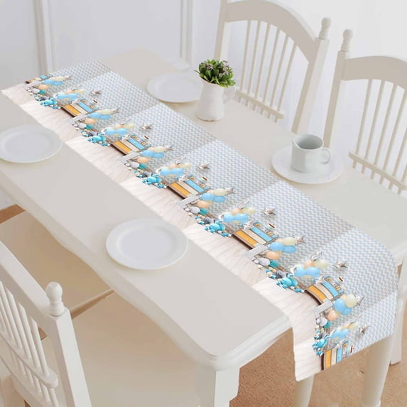 PKQWTM A Lot Of Balloons Blue And White Color Cotton and Linen Table Runner Kitchen Dining Room Supplies Size 16x72 Inch