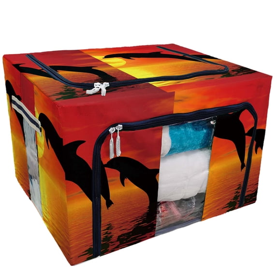 PKQWTM A Rendering of Dolphins Leaping in the Air Storage Bag Clear Window Storage Bins Boxes Large Capacity Foldable Stackable Organizer With Steel Metal Frame For Bedding,Clothes,Closets, Bedrooms