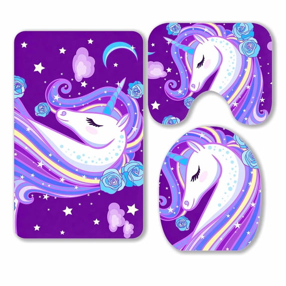 PKQWTM A beautiful unicorn 3 Piece Bathroom Rugs Set Bath Rug Contour Mat and Toilet Lid Cover