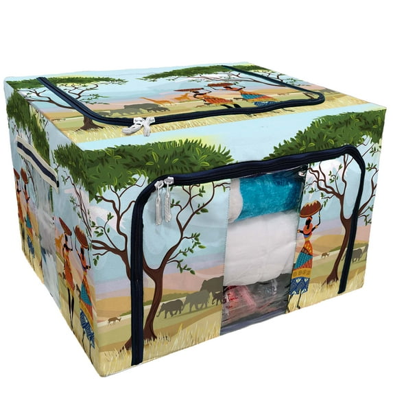 PKQWTM African Women In Mountain Landscape Storage Bag Clear Window Storage Bins Boxes Large Capacity Foldable Stackable Organizer With Steel Metal Frame For Bedding,Clothes,Closets, Bedrooms