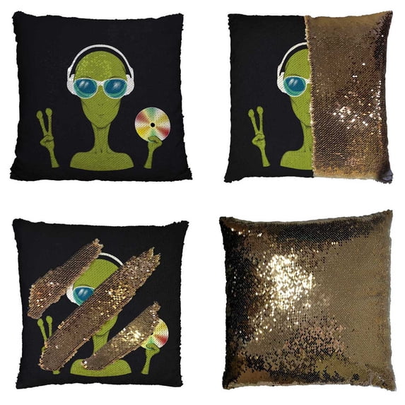 PKQWTM Alien Is A Music Lover Reversible Mermaid Cushion Cover Home Decor Sequin Pillow Case Size 16x16 inches