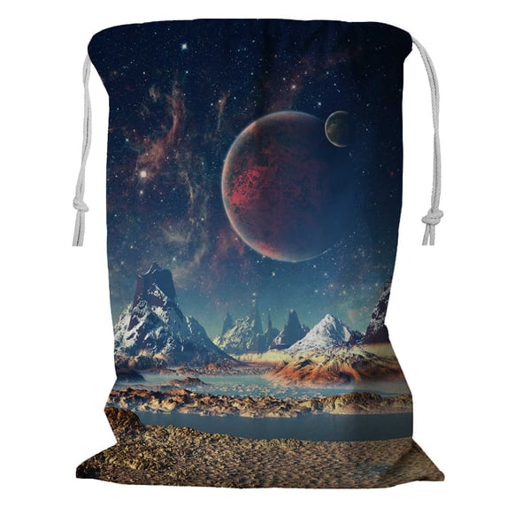 PKQWTM Alien Planet With A Moon And Mountains Storage Basket Laundry Bag with Drawstring Size 24x32 Inch
