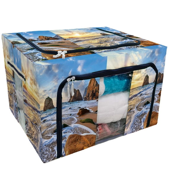 PKQWTM Atlantic Ocean Rocks Sunset Waves Foam Green Moss Storage Bag Clear Window Storage Bins Boxes Large Capacity Foldable Stackable Organizer With Steel Metal Frame For Clothes,Closets, Bedrooms