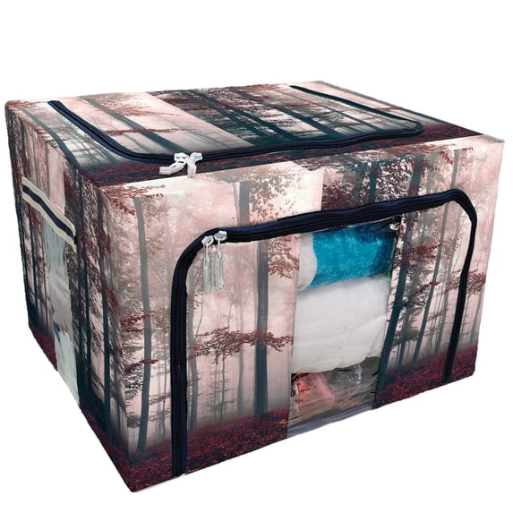 PKQWTM Autumn Trees Landscape Red Foggy Dreamy Forest Storage Bag Clear Window Storage Bins Boxes Large Capacity Foldable Stackable Organizer With Steel Metal Frame For Clothes,Closets, Bedrooms