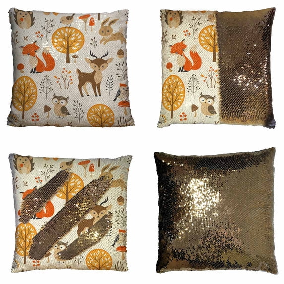 PKQWTM Autumn forest cute animals Reversible Mermaid Cushion Cover Home Decor Sequin Pillow Case Size 16x16 inches