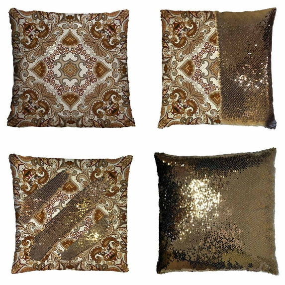 PKQWTM Bandanna An Ornate Beige Brown Colors Cream Reversible Mermaid Cushion Cover Home Decor Sequin Pillow Case Size 16x16 inches