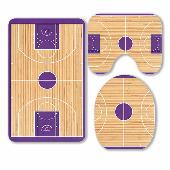PKQWTM Basketball Court Parquet 3 Piece Bathroom Rugs Set Bath Rug Contour Mat and Toilet Lid Cover
