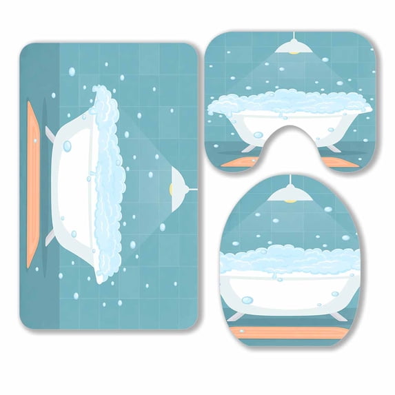 PKQWTM Bathtub With Soap Bubbles In A Bathroom 3 Piece Bathroom Rugs Set Bath Rug Contour Mat and Toilet Lid Cover