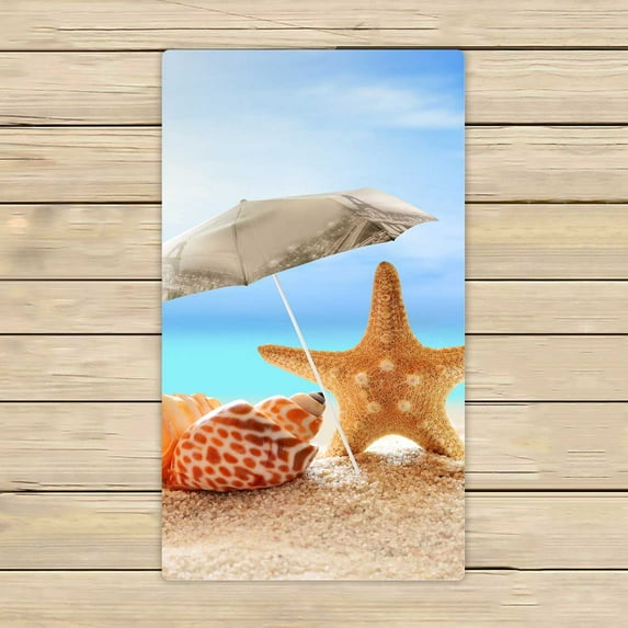 PKQWTM Beach Umbrella Seashells Starfish Sandy Beach Ocean Microfiber Bath Towels Bathroom Body Shower Towel Size 16x28 Inches