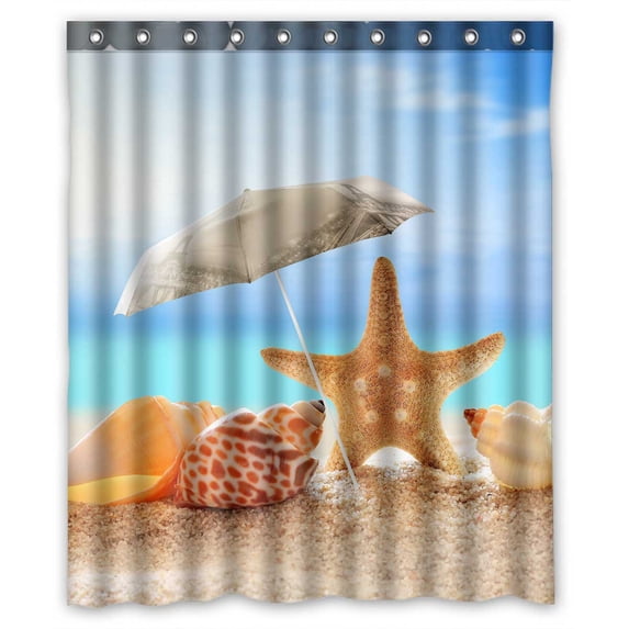 PKQWTM Beach Umbrella Seashells Starfish Sandy Beach Ocean WaterProof Polyester Fabric Shower Curtain Size 60x72 Inches