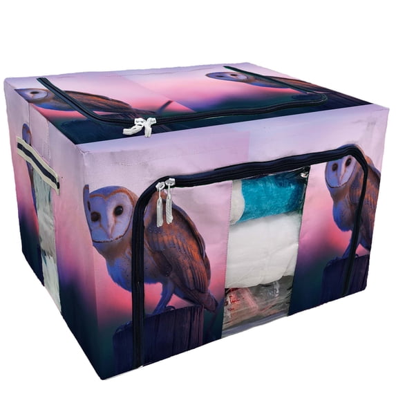 PKQWTM a Beautiful Barn Owl Perched on a Tree Stump Purple Sky Storage Bag Clear Window Storage Bins Boxes Large Capacity Foldable Stackable Organizer With Steel Metal Frame For Clothes,Closets