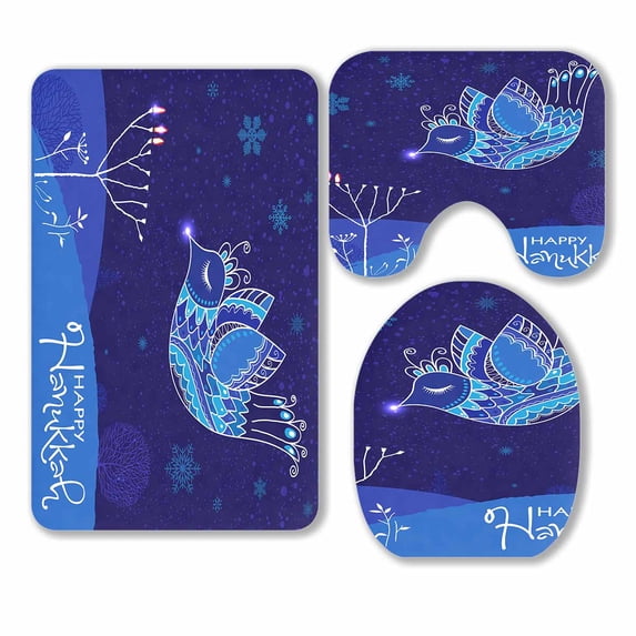 PKQWTM Beautiful Blue Ornate Bird 3 Piece Bathroom Rugs Set Bath Rug Contour Mat and Toilet Lid Cover