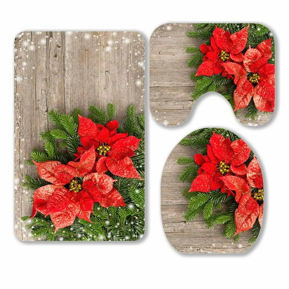 PKQWTM Beautiful Christmas Tree Branch Red Poinsettia Flower 3 Piece Bathroom Rugs Set Bath Rug Contour Mat and Toilet Lid Cover