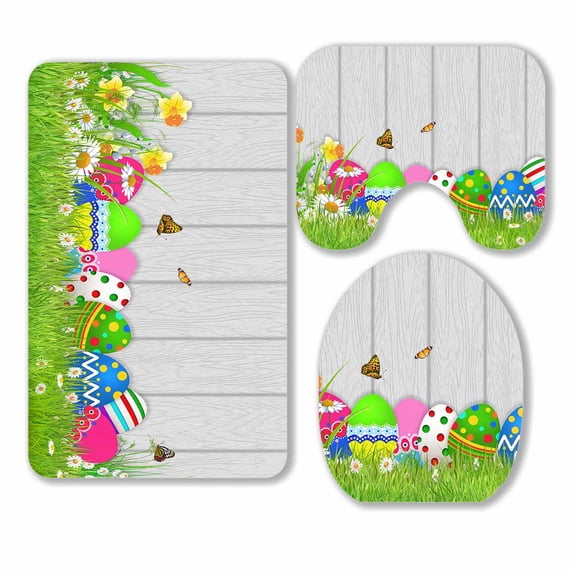 PKQWTM Beautiful Easter Eggs 3 Piece Bathroom Rugs Set Bath Rug Contour Mat and Toilet Lid Cover