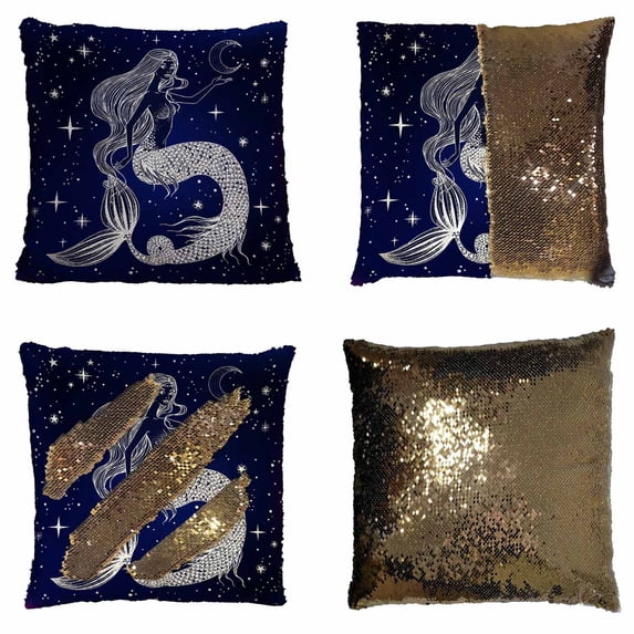 PKQWTM Beautiful Mermaid With Moon In Her Hands Reversible Mermaid Cushion Cover Home Decor Sequin Pillow Case Size 20x20 inches