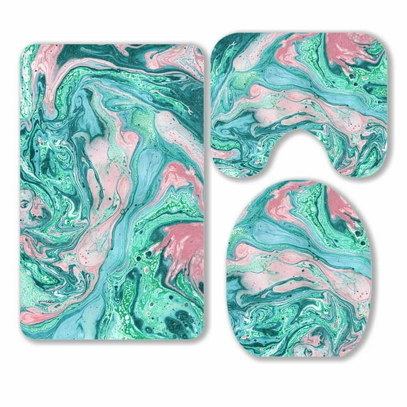 PKQWTM Beautiful hand painted marble texture 3 Piece Bathroom Rugs Set Bath Rug Contour Mat and Toilet Lid Cover