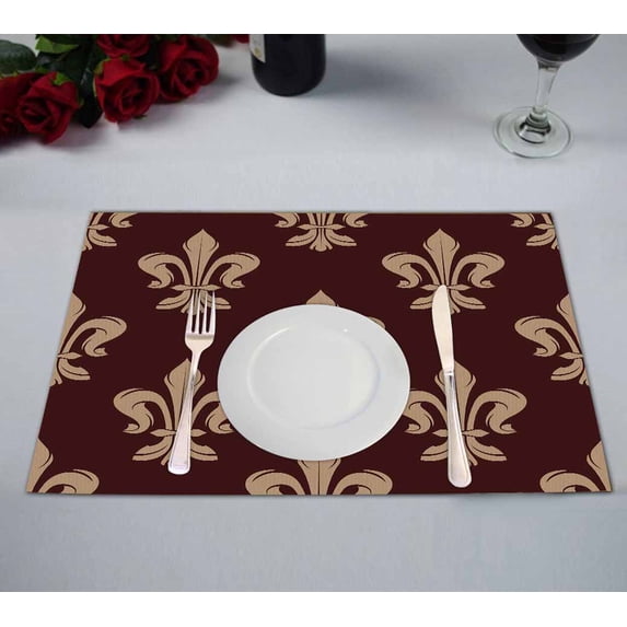 PKQWTM Beige Brown Floral French Fleur De Lis Dark Brown Kitchen Dining Table Mats Placemats Size 12x18 Inches, Set of 2 Pieces