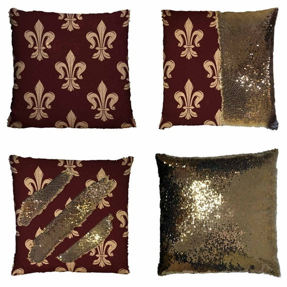 PKQWTM Beige Brown Floral French Fleur De Lis Dark Brown Reversible Mermaid Cushion Cover Home Decor Sequin Pillow Case Size 16x16 inches